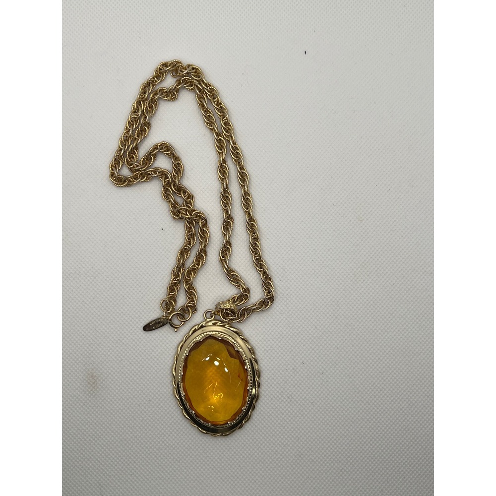 Whiting & Davis Gold Tone Necklace W/ Glass Faux Citrine Pendant Vintage